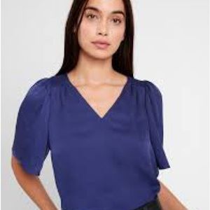 🦋 Petite Satin Flutter-Sleeve Top - Navy Blue - NWT